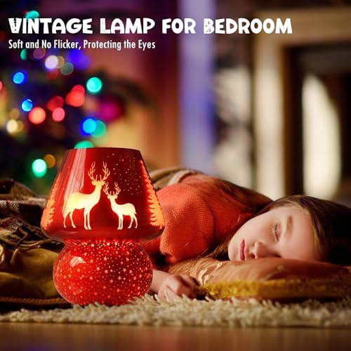 ULAROOM Christmas Battery Operated Mushroom Lamp - Vintage Small Table Lamp with Timer, Cordless Bedside Nightstand Lamp, Glass Battery Powered Lamp for Bedroom Kitchen Living Room Decor Aesthetic - Image 3