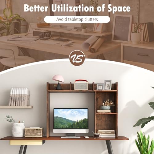 Giantex Desktop Bookshelf, Wood Desk Hutch Organizer for 27 Inch Computer Monitor, Countertop Storage Display Rack with 5 Shelves, Multipurpose Desktop Shelf Bookcase for Dorm Office Home, Brown - Image 6
