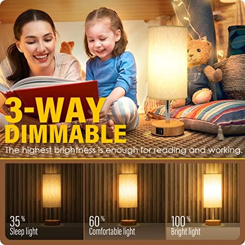 Yarra-Decor Bedside Lamp with USB A+C Port - Touch Control Table Lamp for Bedroom Wood 3 Way Dimmable Nightstand Lamp with Round Flaxen Fabric Shade for Home Office (LED Bulb Included) - Image 2