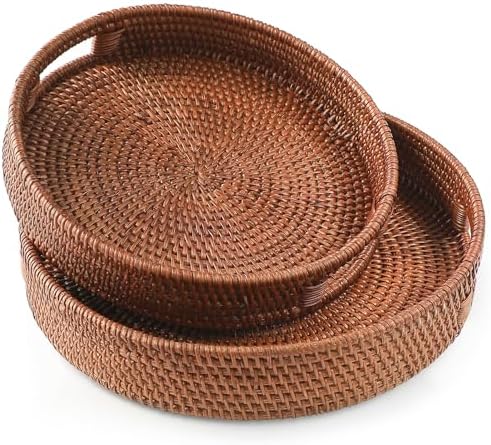 HITOMEN Hand-Woven Round Rattan Serving Tray Decorative Ottoman Wicker Platter with Handles for Coffee Table, Breakfast, Drinks, Snack, Bread, Fruit, Vegetables (Brown Set of 2: M+L) by HITOMEN