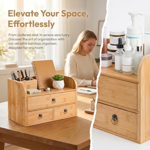 Nicunom Bamboo Desk Organizer, 3-Tier Bamboo Tabletop Storage Organization Multifunctional Desktop Organizer with Drawers for Home Office Toiletries Supplies Vanity - Image 6