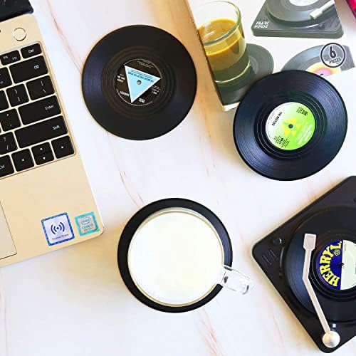 Funny Retro Record Coasters for Drinks with Vinyl Player Holder - Set of 6 Coaster White Elephant Gifts for Music Lovers, Conversation Piece Sayings,Housewarming Hostess Wedding Registry Gift Ideas - Image 7