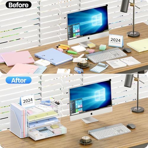 OPNICE Desk Organizer, 4-Tier Desktop File Organizer with Drawer and Pen Holders, Office Desk Accessories, File Sorters, Workspace Organizers for Office Supplies(White) - Image 5