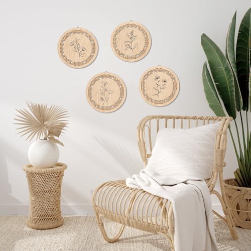 HPNIUB Minimalist Floral Wall Decor, Farmhouse Line Botanical Hanging Wooden Sign Wall Art, 4 Pieces 9.8''x9.8'' Aesthetic Flowers Leaf Wood Plaque, Modern Neutral Pictures for Living Room Office - Image 3