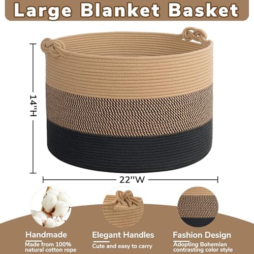 CherryNow 22"x22"x14" Large Blanket Basket, Home Décor for Living Room Bedroom, Decorative Wicker Woven Basket for Clothes, Toy Storage Basket for Kids, Camel Mix & Black - Image 4