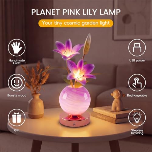 Lily Lamp – Rechargeable Wireless Touch-Control Dimmable Faux Flower Desk Light, LED Glass Planet Vase Night Light, Kitchen Bedroom Office Decor, Housewarming Gift Women and Mom - Image 2