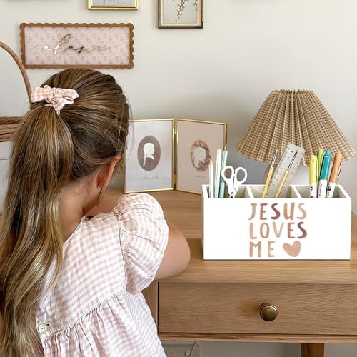Boho Christian Inspirational Pen Holder, Christian Gifts Pencil Holder for Desk, Jesus Loves Me Bible Verse Wooden Box Sign Decorations for Kids Nursery Room Bedroom Classroom Desk Tabletop - Image 4