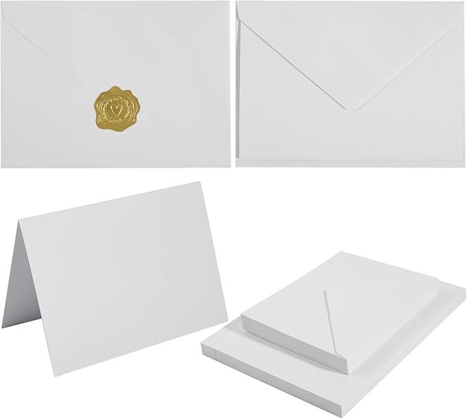 50 Pack White A7 Envelopes with Cards 5x7 Thick Folded Cardstock and Gold Stickers for Greeting Cards, Wedding, Birthday, Invitations, Baby Showers (White, 5x7)
