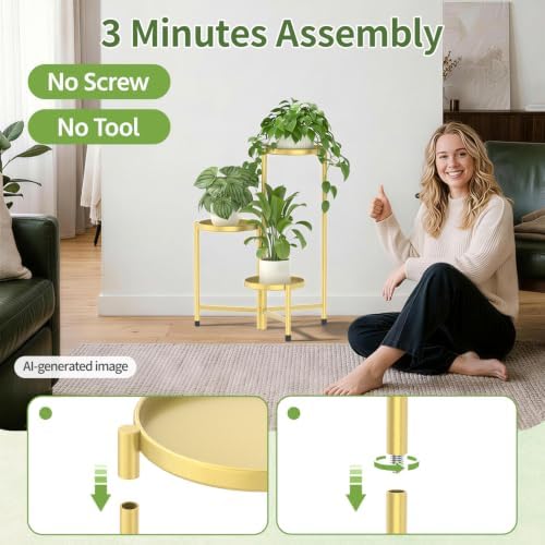 LASZOLA Plant Stand Indoor with 10 Inch Large Metal Tray, 3 Tier Gold - Image 4