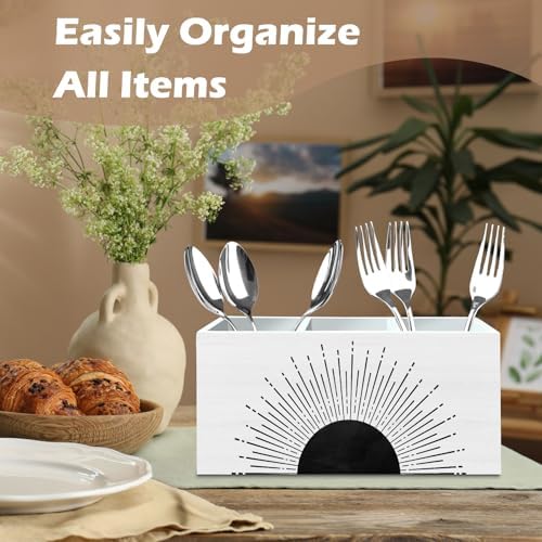 DILSJ Boho Abstract Sunshine Pen Pencil Holder Organizer for Desk, Boho Office Decor, Black and White Mid Century Modern Minimalist Sunshine Wooden Box Signs for Home Office Desk Tabletop Decoration - Image 3