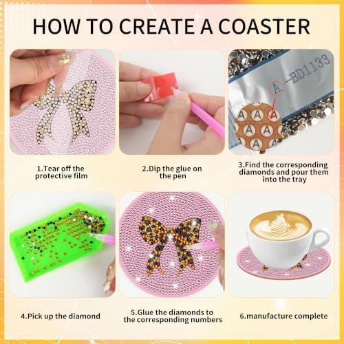 Coquette Diamond Art Coasters Kit, 8 Pcs Pink Diamond Painting Coasters - Image 3