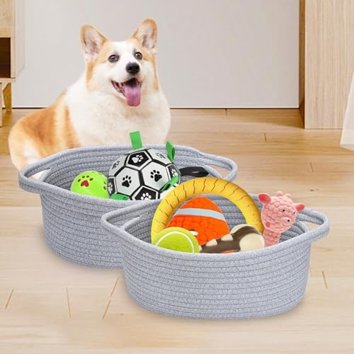 ABenkle Small Basket with Handles, Boho Decorative Rope Woven Dog Cat Toy Storage Bin Shelf Storage Organizer, Easter Christmas Gift Basket, 12"x8"x5" - Image 3