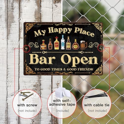 Putuo Decor Home Bar Sign, Retro Metal Tin Sign, My Happy Place Bar Open, 12 x 8 Inches - Image 3