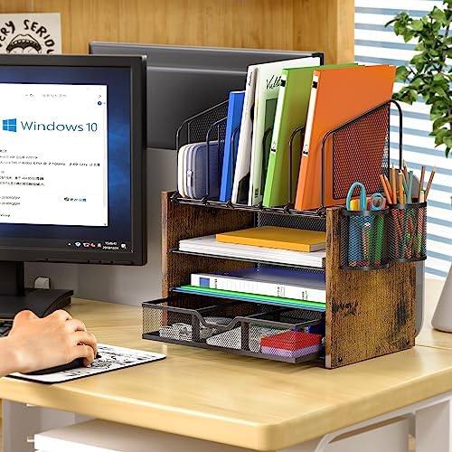 DAOUTIME 4-Tier Mesh Desk Organizer, Wooden Desk File Organizer with 5 Vertical File Holders and 2 Pen Holders, Desktop Organizers and Accessories with Drawer for Home Office - Image 4