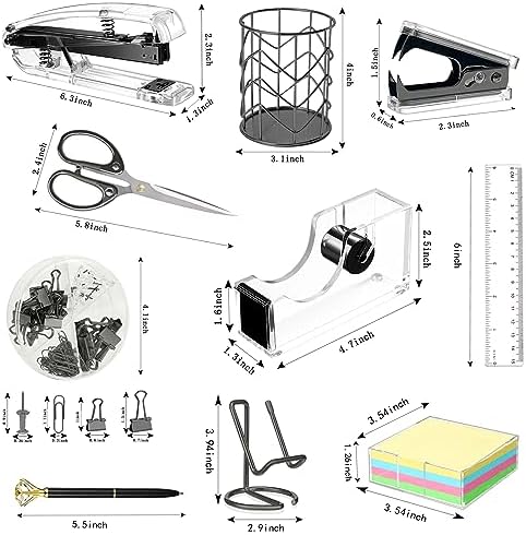 Office Desk Accessories, Acrylic Stapler, Staple Remover, Tape Holder, Pen Holder, Ballpoint Pen, Scissor, Binder Clips, 1000pcs Staples, Phone Holder, Ruler, Transparent Glue and 300 Notes - Image 2