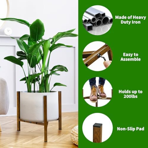 Airpark Adjustable Plant Stand Indoor, Metal Mid Century Modern Plants Stands, Stable Plant Holder Indoor Outdoor Corner, Fit 8 9 10 11 12 inch Pots,Brown Wood-Grain (Pot & Plant Not Included) - Image 2