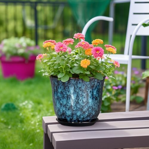 8 Inch Plant Pot - Ceramic Planter for Indoor Outdoor, Round Planter with Drainage Hole and Saucer, Modern Planters, Flower Pots, Apartment Porch Room Home Decor, Gardening Gifts, Blue - Image 4