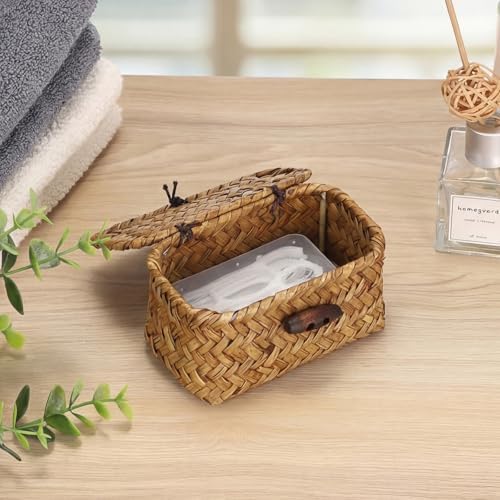 Hipiwe Handwoben Seagrass Basket With Lid Wicker Storage Baskets Decorative Shelf Basket Mini Desktop Organizer, Caramel 4.3" x 2.5" x 2.1" - Image 5