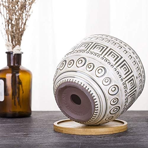 VanEnjoy 5.5 inch Large Round Bohemian Style Ceramic Planter, Geometry Engrave Off White Brown Succulent Planter Flower Pot, Indoor Outdoor Decorative Planter - Image 5