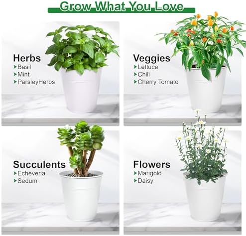 Herb Garden Planter Indoor Kit – 6 Metal Pots with 2 Trays for Windowsill & Kitchen Counter – Modern Decorative Indoor Planters for Herbs, Succulents & Small Plants, White - Image 6