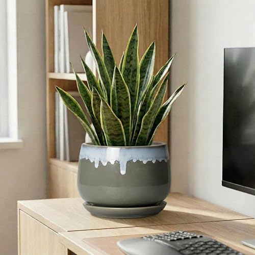 Ceramic Flower Pots, 9 Inch Planters for Indoor Plants, Grey-Blue - Image 7
