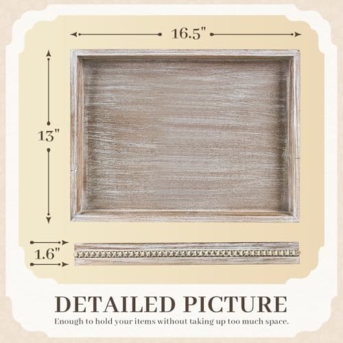 Wooden Decorative Tray, Rectangular Serving Tray with Wood Bead, Farmhouse Big Tray for Ottoman, Countertop, Coffee Tabl, 16.5" x 13"x 1.6" (White Washed) - Image 2