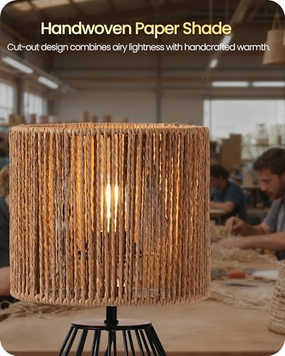 Rattan Table Lamp, Boho Table Lamp, Small Bedside Lamp, Handwoven Paper Lampshade, 2700K LED Bulb Included, Boho Desk Lamp, Modern Nightstand Lamp for Bedroom, Living Room, Striped SW06TL05 - Image 4