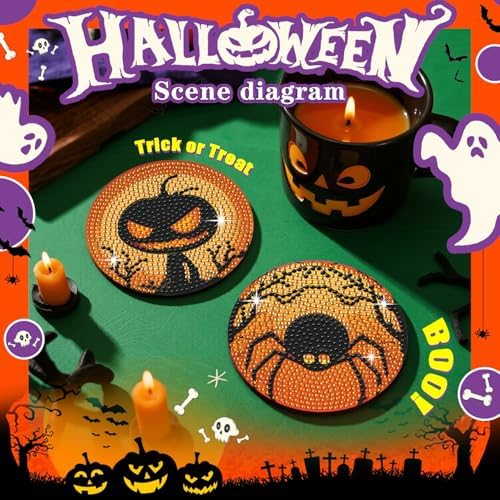 Leatrice 8 PCS Halloween Diamond Art Coasters Set with Holder 4 in - Image 5