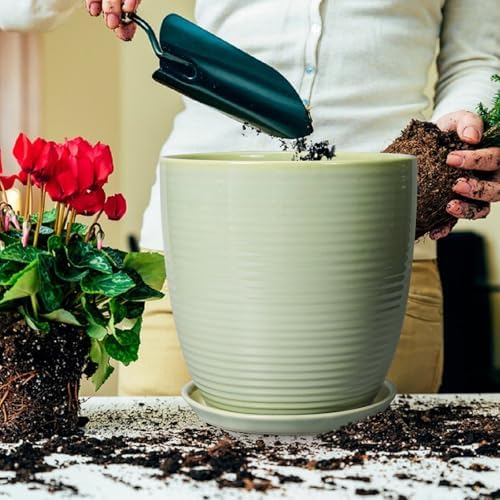 12 Inch Pots for Plants - Round Ceramic Planter with Drainage Hole and Plant Saucer for Flower Indoor Outdoor, Modern Room Office Home Garden Decor, House Warming Gifts, Green - Image 4