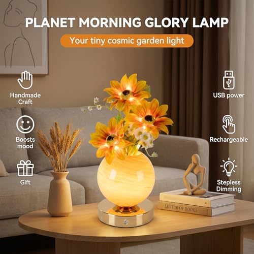 Sunflower Lamp – Rechargeable Wireless Touch-Control Dimmable Faux Flower Desk Light, LED Glass Planet Vase Night Light, Kitchen Bedroom Office Decor, Housewarming Gift Women and Mom - Image 2