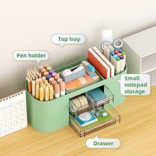 Marbrasse Desk Organizer Pen Holder for Desk with 3 Drawers, Multi-Functional Pencil Holder, Desk Organizers and Accessories with 7 Compartments for Home, School, Classroom(Green) - Image 2