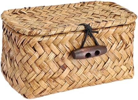 Hipiwe Handwoben Seagrass Basket With Lid Wicker Storage Baskets Decorative Shelf Basket Mini Desktop Organizer, Caramel 4.3" x 2.5" x 2.1" by Hipiwe