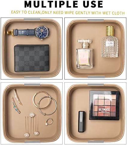 SANZIE Luxury Leather Tray Desktop Storage Small Catchall Organizer Decorative Tray for Entryway Table to hold Jewelry Watch Cosmetics Keys Phone Wallet Home & Office Accessories (Taupe Silvery) - Image 6