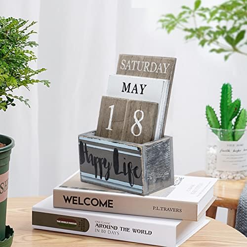 Notakia Perpetual Calendar Wooden Calendar Blocks Vintage Wood Block Calendar for Home Office Desk Accessories Week Month Date Display (Happy Life) - Image 4