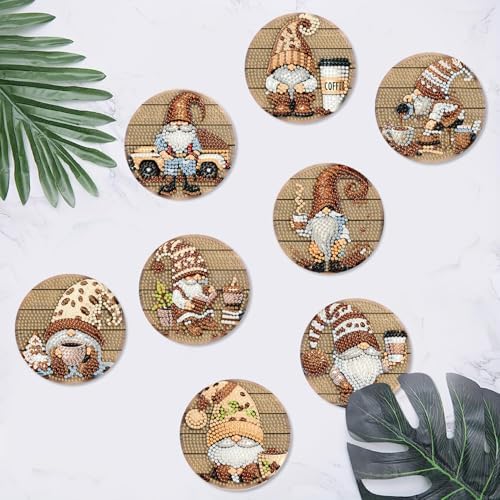 Clendo 8 Pcs 5D Diamond Art Coasters Kits with Holder, Gnome Coffee Diamond Painting Coasters Set for Adults, Small Mini Diamond Dots Kit for Beginners DIY Art Craft Home Decor - Image 4