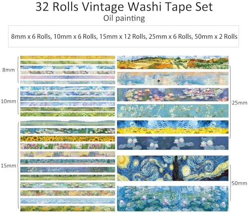 emmoolife 32 Rolls Washi Tape Set, Oil Painting Decorative Masking Tape, Van Gogh Adhesive Tape for Bullet Journal, DIY Crafts Gift, Party Decorations, Junk Journal, School Supplies - Image 3