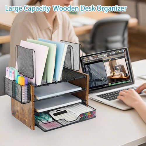 OPNICE Desk Organizer, 4-Tier Desktop File Organizer with Drawer and Pen Holders, Office Desk Accessories, File Sorters, Workspace Organizers for Office Supplies(Brown) - Image 4