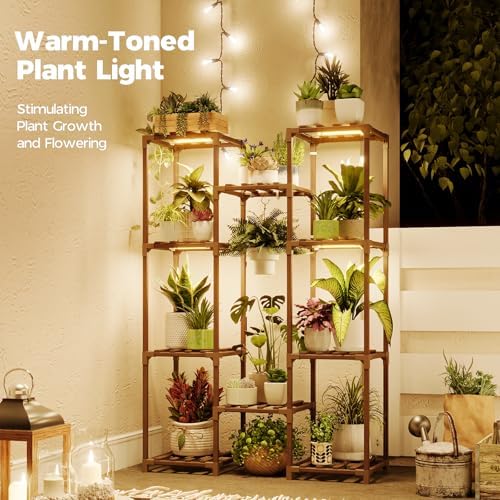 Bamworld Plant Stand with Grow Light Plant Shelf for Mutiple Pots Large Plant Holder for Living Room Patio Boho Home Decor for Gardening Warm Light - Image 2