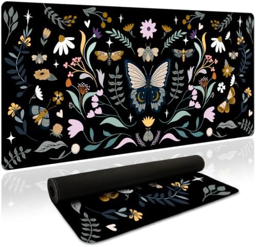 Botanical Insect Desk Mat, Vintage XXL Black Mouse Pad 35.4x15.7in by HUADO