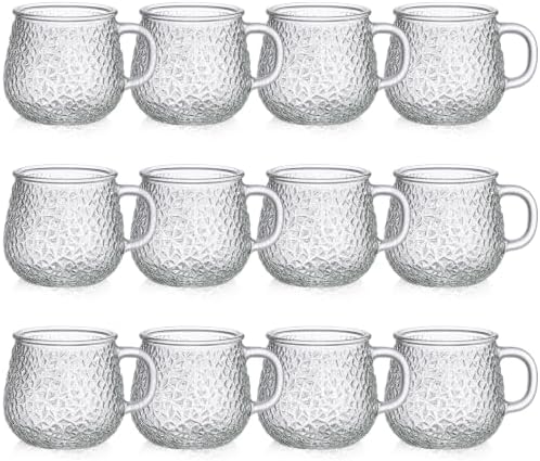 12 Pack Glass Coffee Mugs with Handles, 12 Ounces Glass Breakfast Mugs Bulk, Clear Tea Cups for Hot/cold Drinks, Glassware Set for Americano, Latte, Cappuccino(Retro) by Acellegic