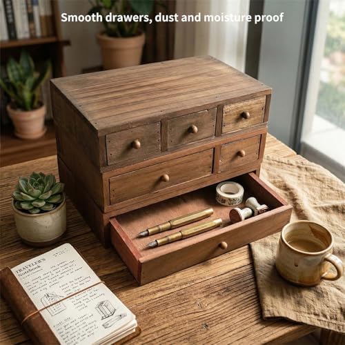 Wood Desk Box with Multiple Compartments Practical Wooden Desktop Organiser for Bookshelf or Countertop Display Wooden Storage Box - Image 5