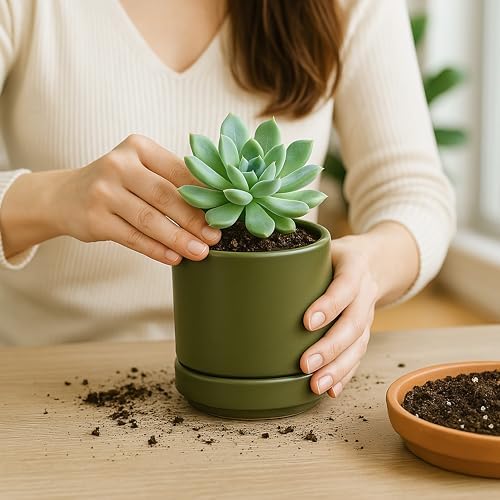 D'vine Dev 2-Pack Ceramic Pots with Saucers, Olive, 4.7 in, 94-V-B-J - Image 5