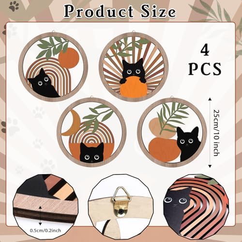HPNIUB Boho Black Cat Wall Decor, Farmhouse Geometric Hanging Wooden Wall Art, 4 Pieces 10''x10'' Mid Century Bohemian Abstract Moon and Sun Wood Sign for Nursery Bedroom Decoration, Lovely Cat Gifts - Image 6