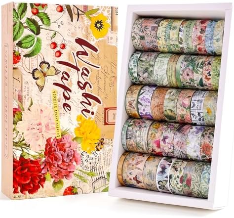 42 Rolls Vintage Washi Tape Set, Delicate Butterfly & Lush Floral Botanical Themed Writable Decorative Tapes with Retro Elements for Scrapbooking, Junk Journal Supplies, Bullet Journaling 5-25mm Wide by emmoolife