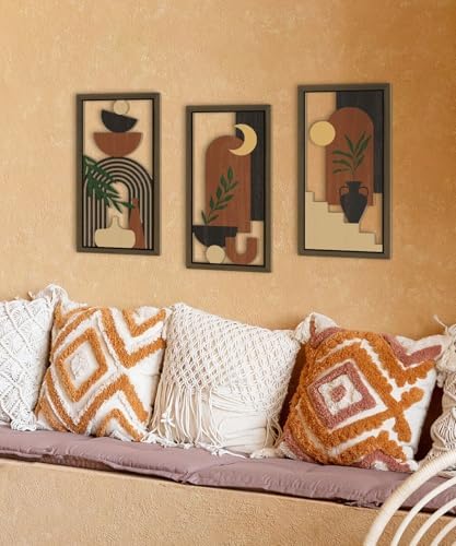 Putuo Decor Boho Wall Art Set of 3 Modern Minimalist Wooden Wall Decor Abstract Terracotta Room Decorations Mid Century Artwork for Living Room Bedroom Office in Terracotta Noir 16.5 x 8.6 Inch - Image 6