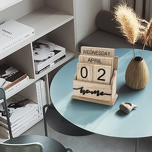 Notakia Perpetual Calendar Wooden Calendar Blocks Vintage Wood Block Calendar for Home Office Desk Accessories Week Month Date Display (Wood Color Home) - Image 2