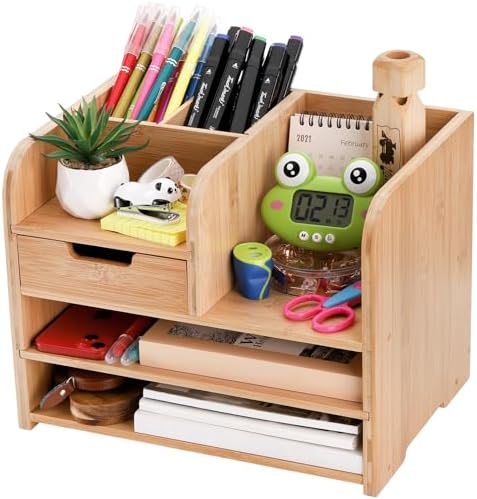 Frcctre Bamboo Desktop Organizer with Drawer, 3 Tier Wooden Desk File Document Organizer with Pen Holder, Tabletop Stationery Storage Organizer Storage Rack for Desk Accessories, Office Supplies by Frcctre