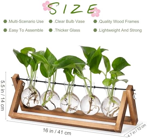 YIBOT Plant Propagation Stations with Wooden Stand & 5 Glass Bulb Vases - Image 2