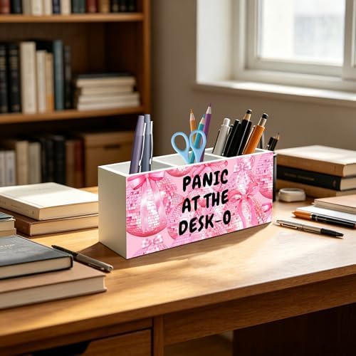 Funny Office Humor Pen Pencil Holder Organizer, Pink Office Desks Decor Accessories, Panic at the Desk-o Funky Y2K Pink Disco Ball Wood Signs for Cubicle Workplace Desk Tabletop Decor - Image 4