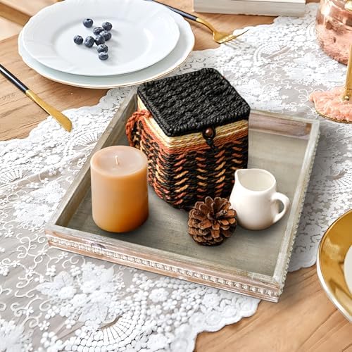 Wooden Decorative Tray, Small Serving Tray with Wood Bead, Farmhouse Big Tray for Ottoman, Countertop, Coffee Tabl, 13" x 13"x 1.6" (White Washed) - Image 3